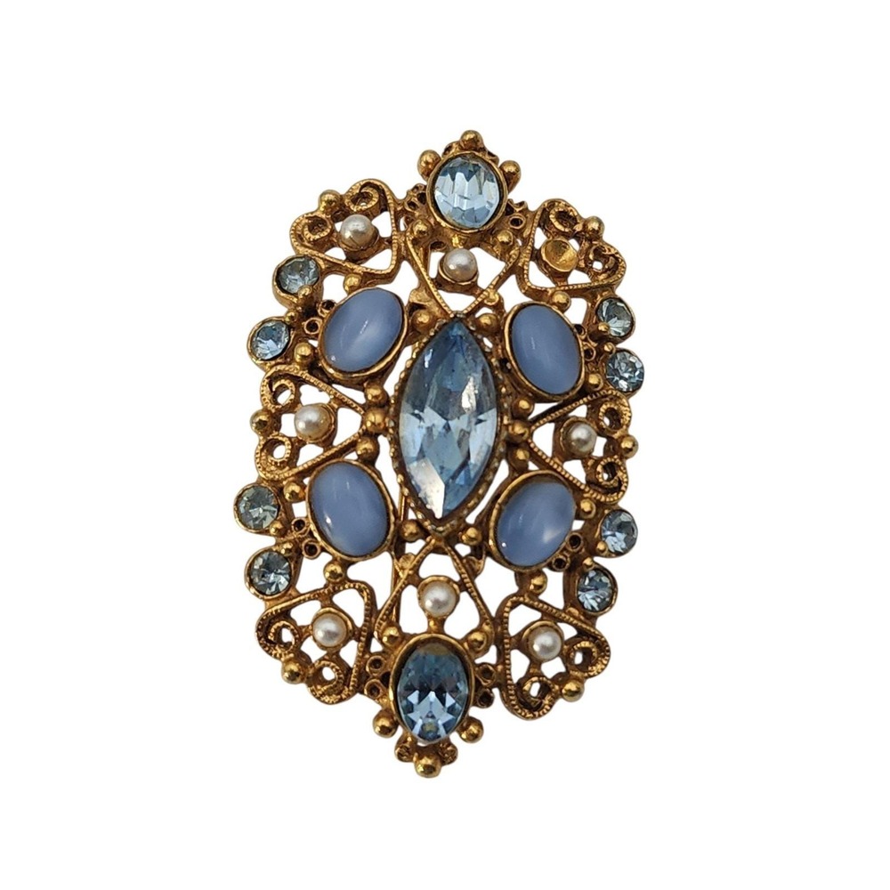 Vintage ornate signed Florenza gold tone‎ blue rhinestones brooch pin